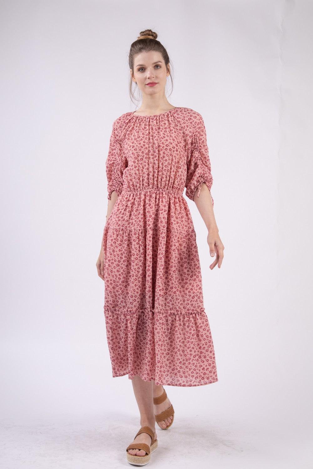 Robe mi-longue fleurie à col rond et volants VERY J