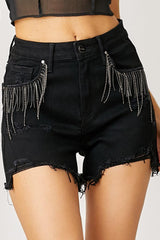 Short en jean RISEN à ourlet effiloché et poches à franges