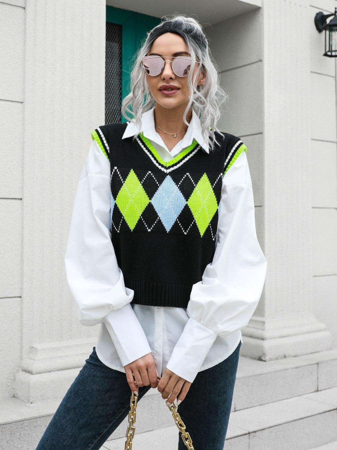 Gilet pull à col en V géométrique