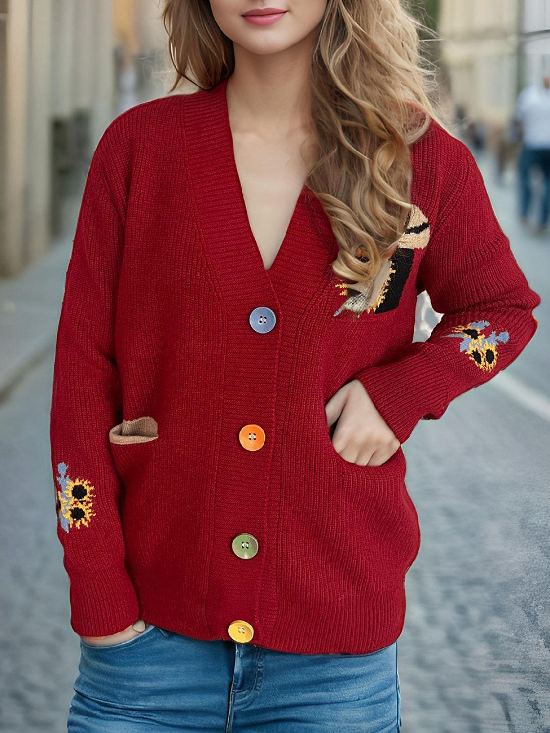 Cardigan à manches longues et col en V avec boutons contrastés