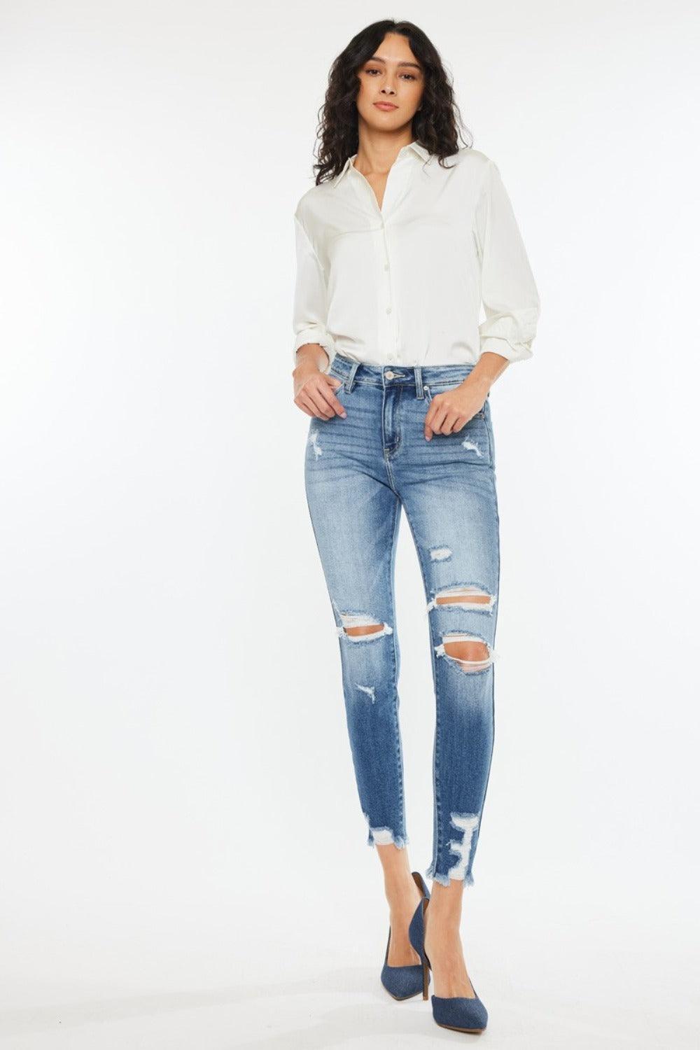 Jean skinny taille haute effiloché Kancan à la cheville
