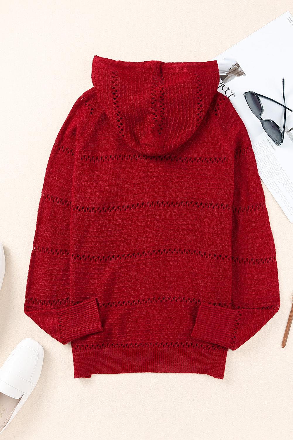 Cardigan à capuche ajouré à manches raglan et fermeture éclair