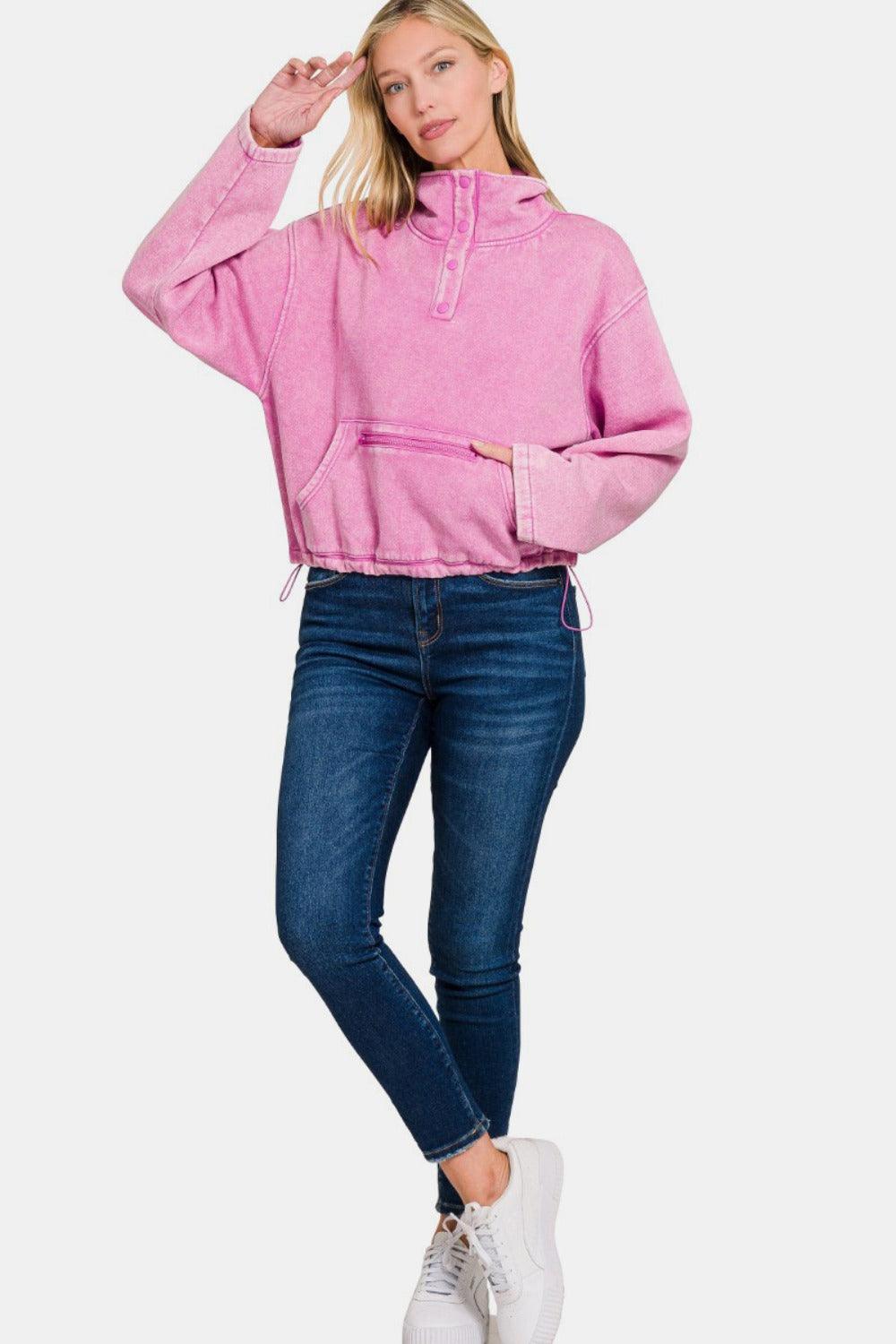 Sweat-shirt Zenana en polaire délavée à demi-pression avec poche
