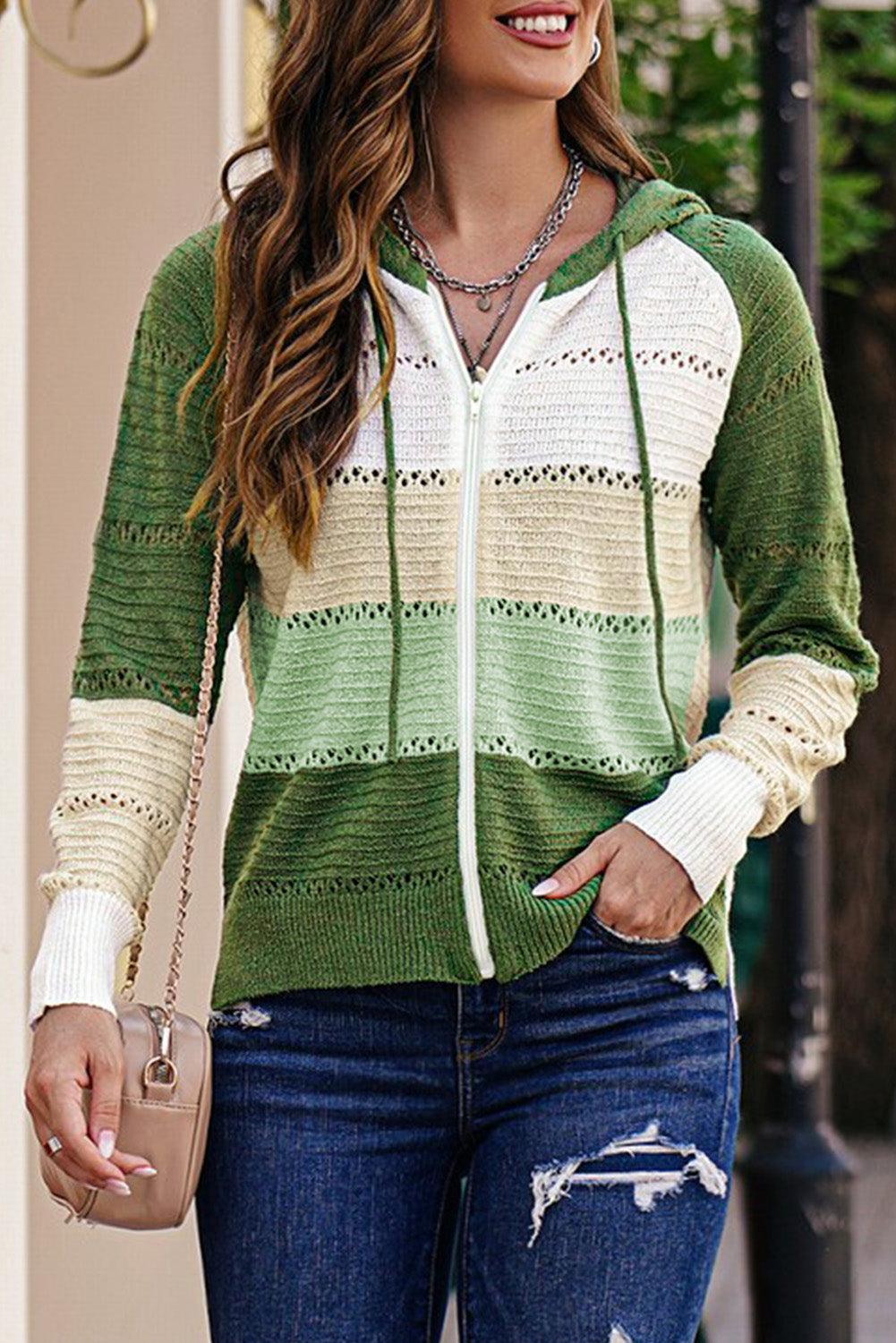 Cardigan à capuche ajouré à manches raglan et fermeture éclair