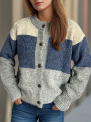 Cardigan boutonné à col rond et blocs de couleurs