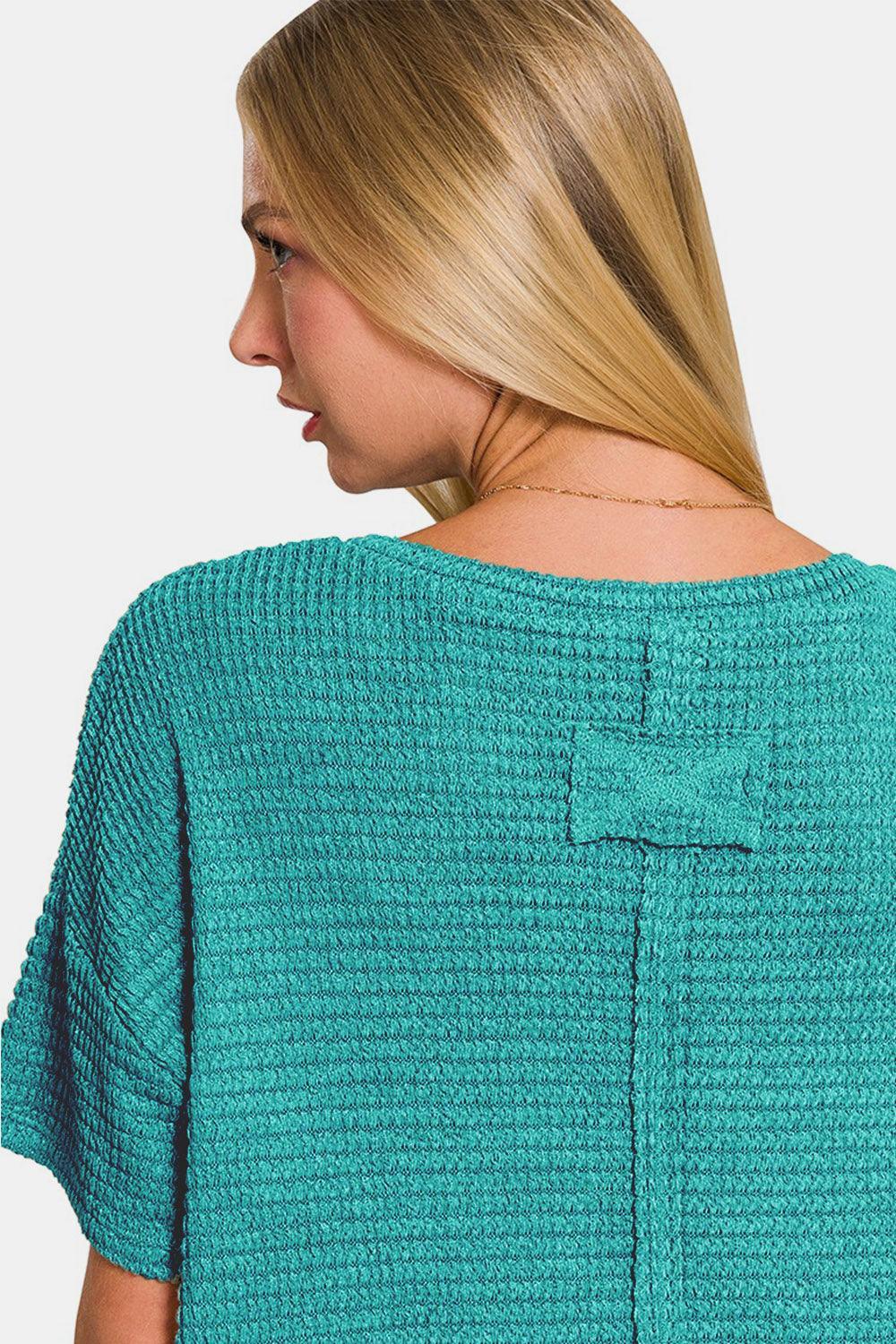 Haut en tricot jacquard à manches courtes et épaules tombantes Zenana