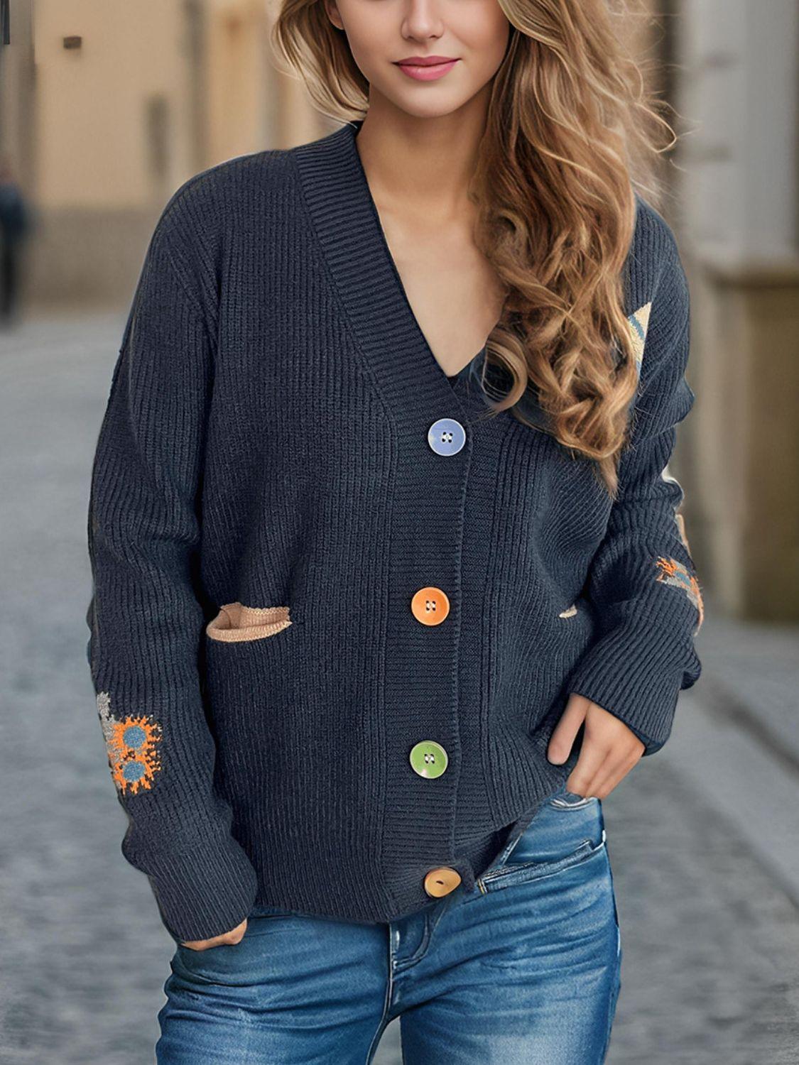 Cardigan à manches longues et col en V avec boutons contrastés
