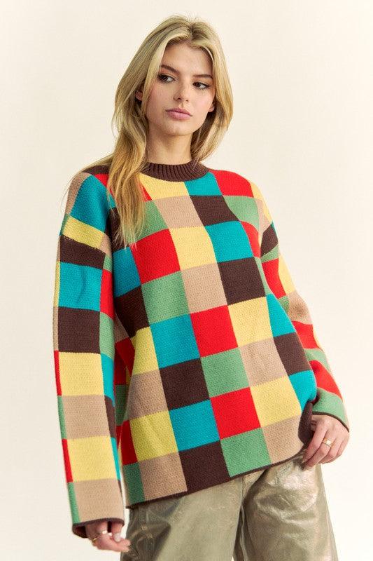 Pull à épaules tombantes à carreaux et blocs de couleurs Davi &amp; Dani