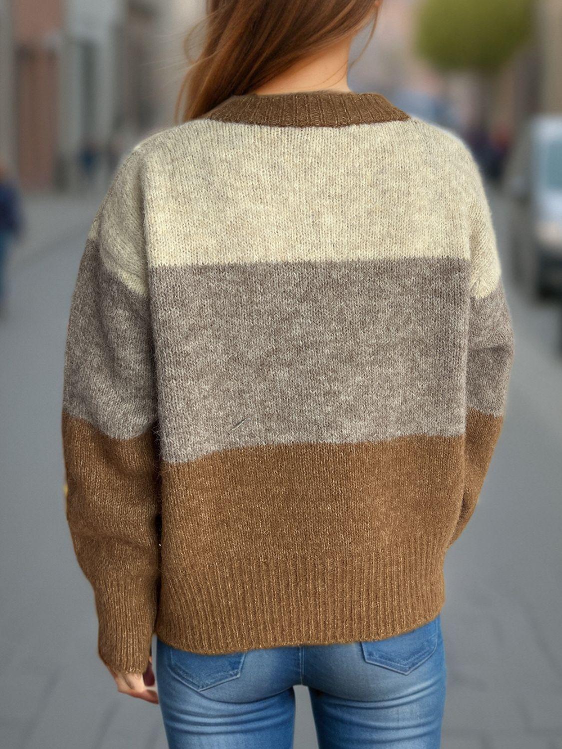 Cardigan boutonné à col rond et blocs de couleurs