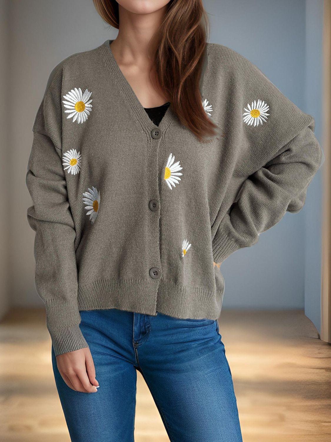 Cardigan boutonné à col en V avec motif marguerite
