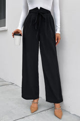 Pantalon large taille haute froncé avec lien sur le devant