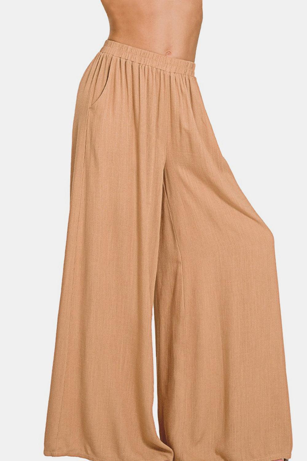 Pantalon large plissé en lin mélangé Zenana