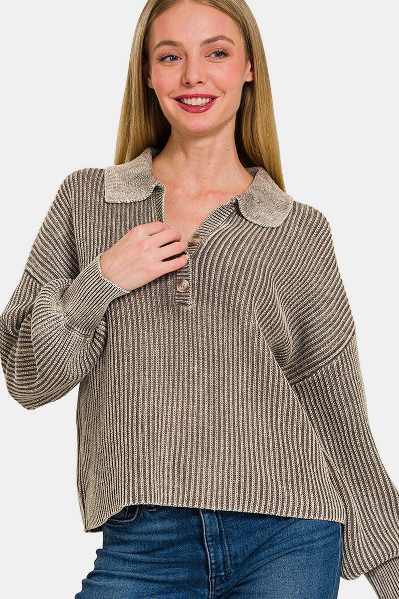 Pull à manches longues et demi-bouton délavé Zenana