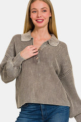 Pull à manches longues et demi-bouton délavé Zenana