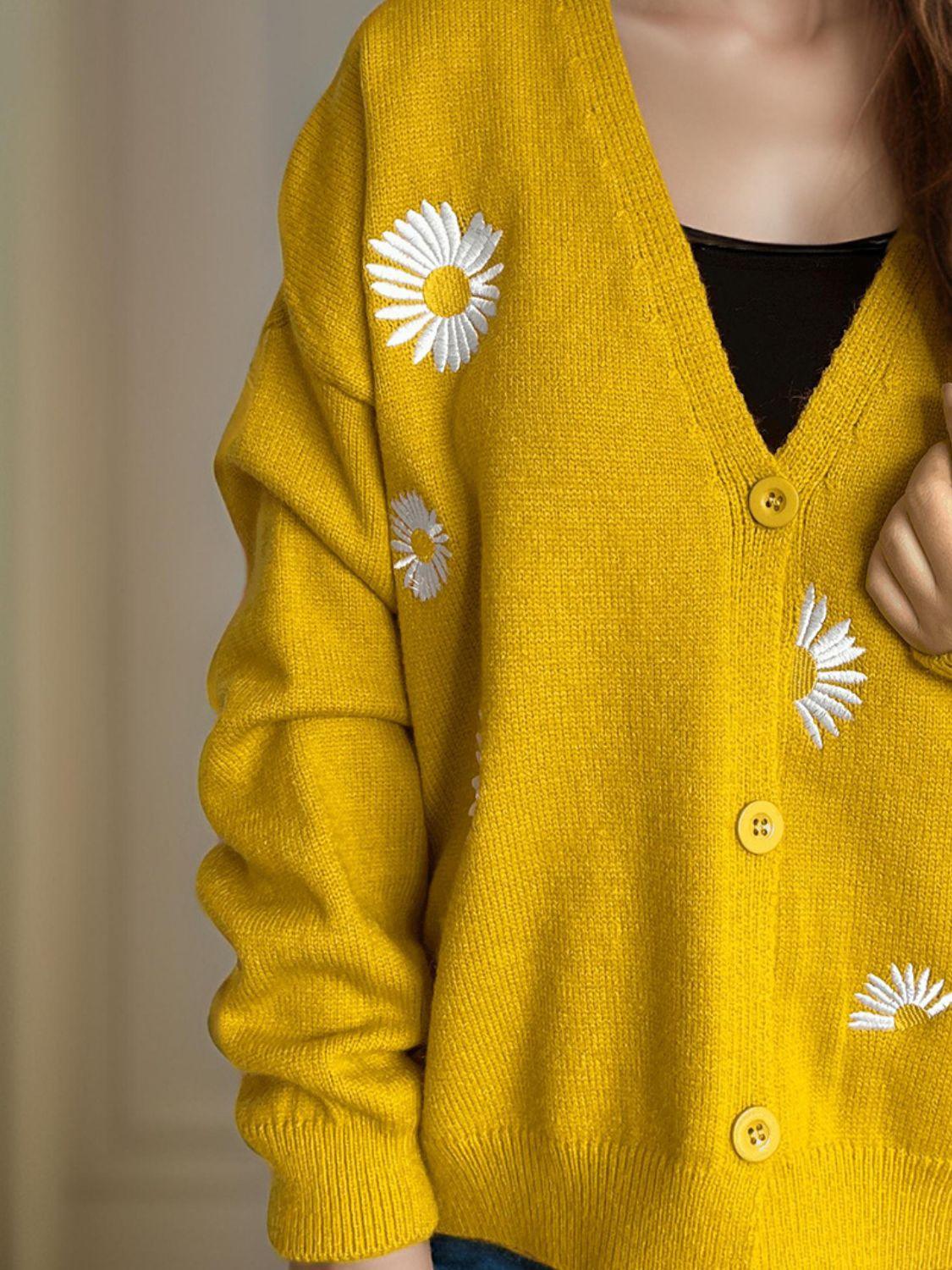 Cardigan boutonné à col en V avec motif marguerite