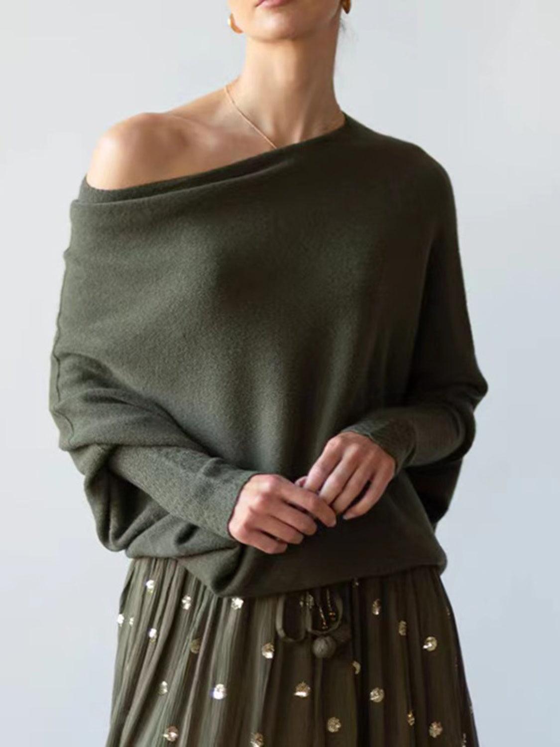 Haut en tricot à manches chauve-souris et col bateau pleine grandeur