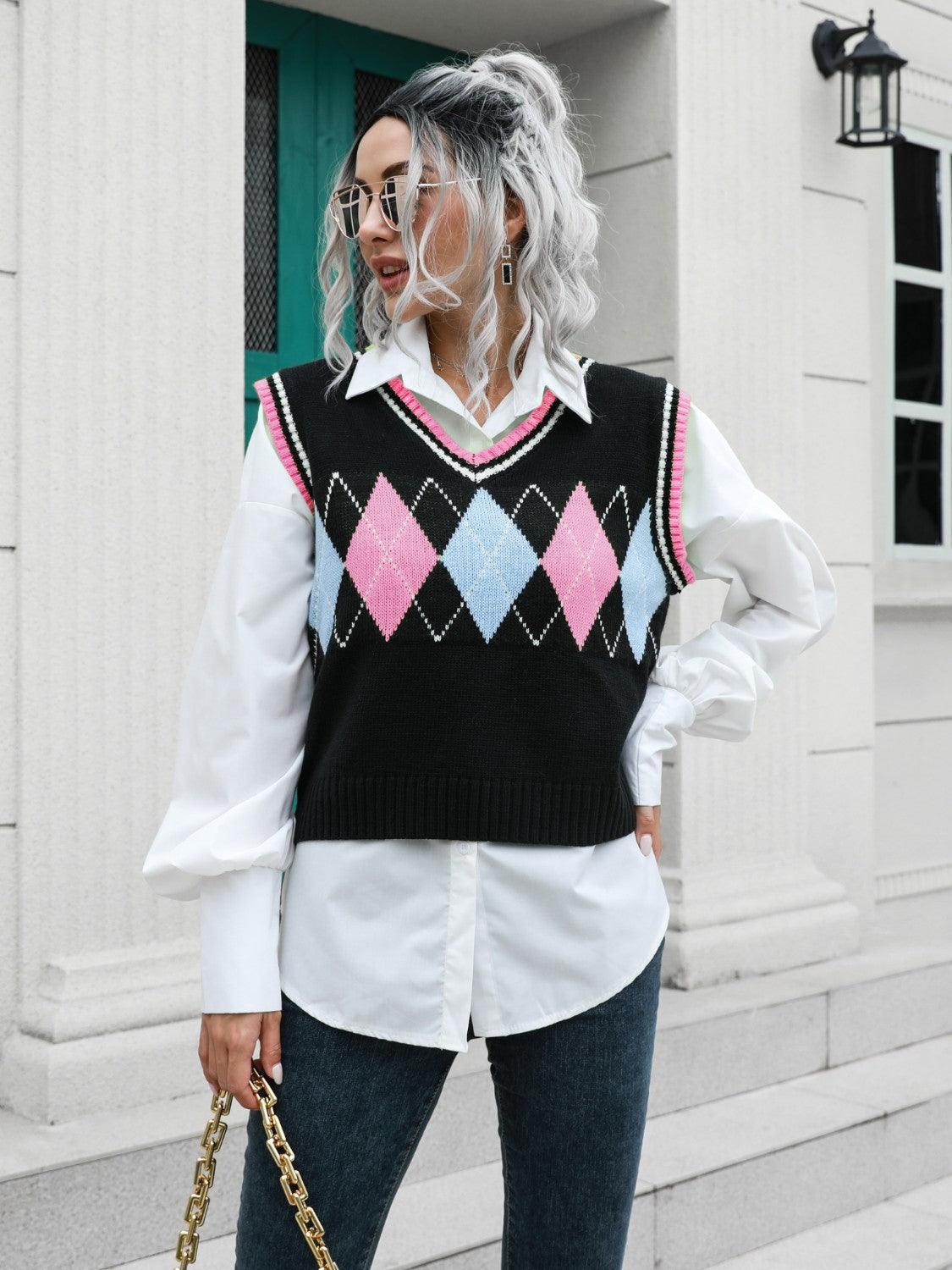 Gilet pull à col en V géométrique