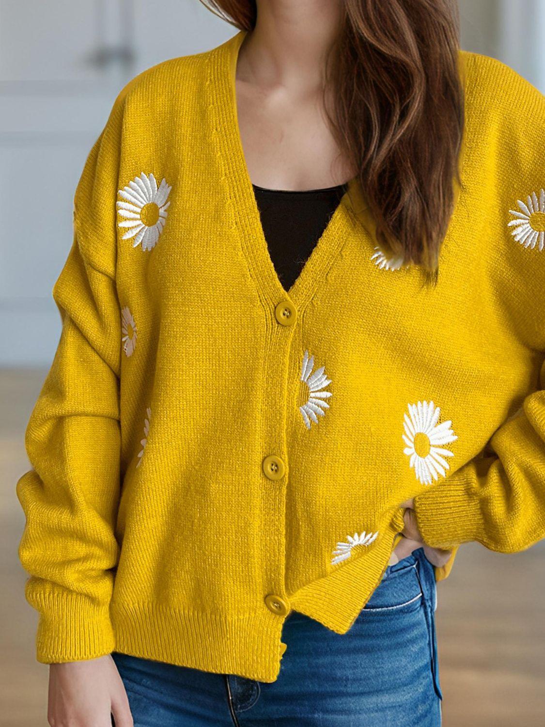 Cardigan boutonné à col en V avec motif marguerite