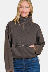 Sweat-shirt Zenana en polaire délavée à demi-pression avec poche