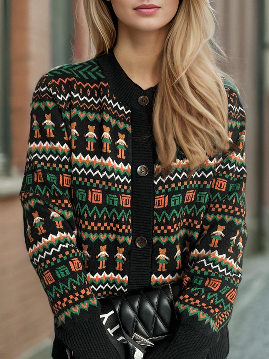 Cardigan boutonné à manches longues et motif graphique