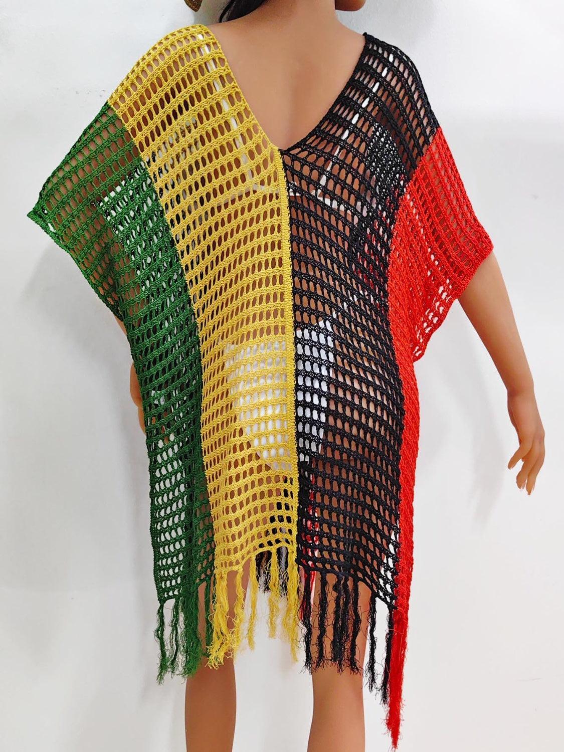 Cache-maillot à franges et blocs de couleurs à col rond