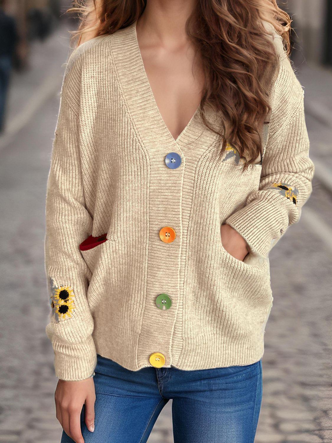 Cardigan à manches longues et col en V avec boutons contrastés