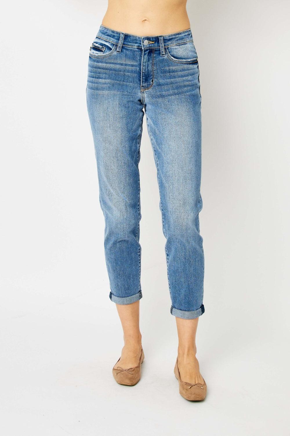 Jean slim taille haute bleu Judy avec ourlet à revers