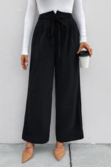 Pantalon large taille haute froncé avec lien sur le devant