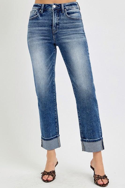 Jean droit court taille haute RISEN à revers