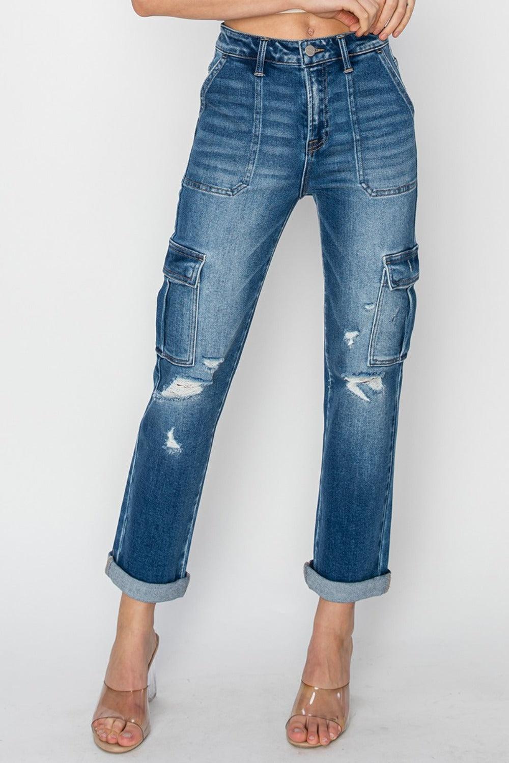 Jean cargo taille haute RISEN coupe droite avec revers à la cheville