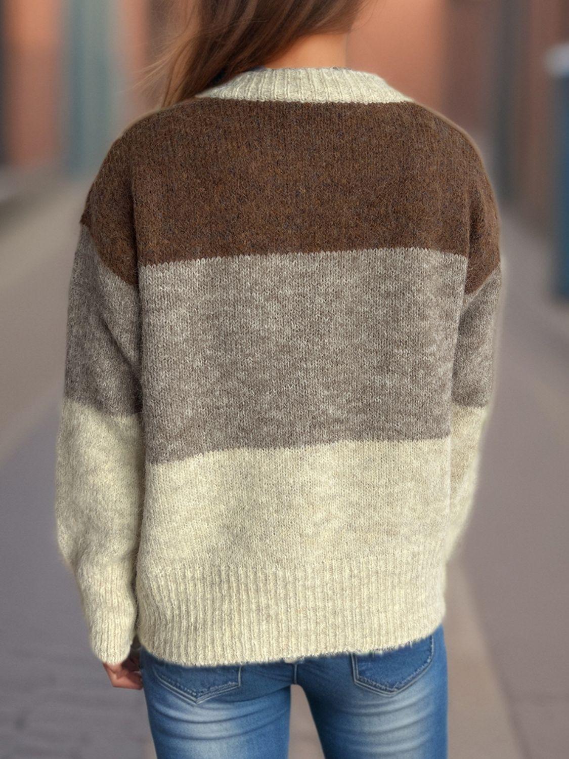 Cardigan boutonné à col rond et blocs de couleurs