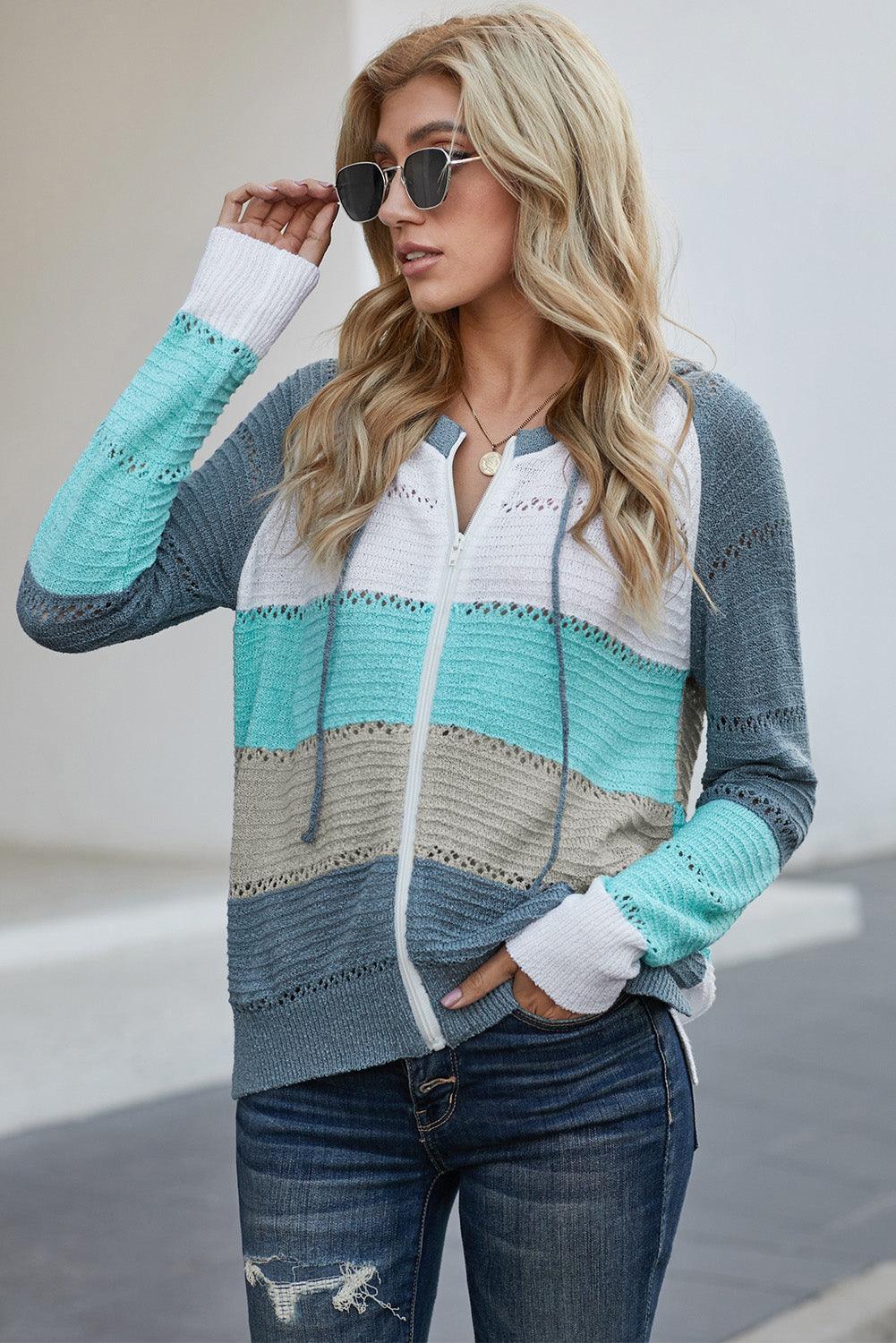 Cardigan à capuche ajouré à manches raglan et fermeture éclair