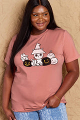 T-shirt en coton à imprimé chat et citrouille en taille réelle Simply Love