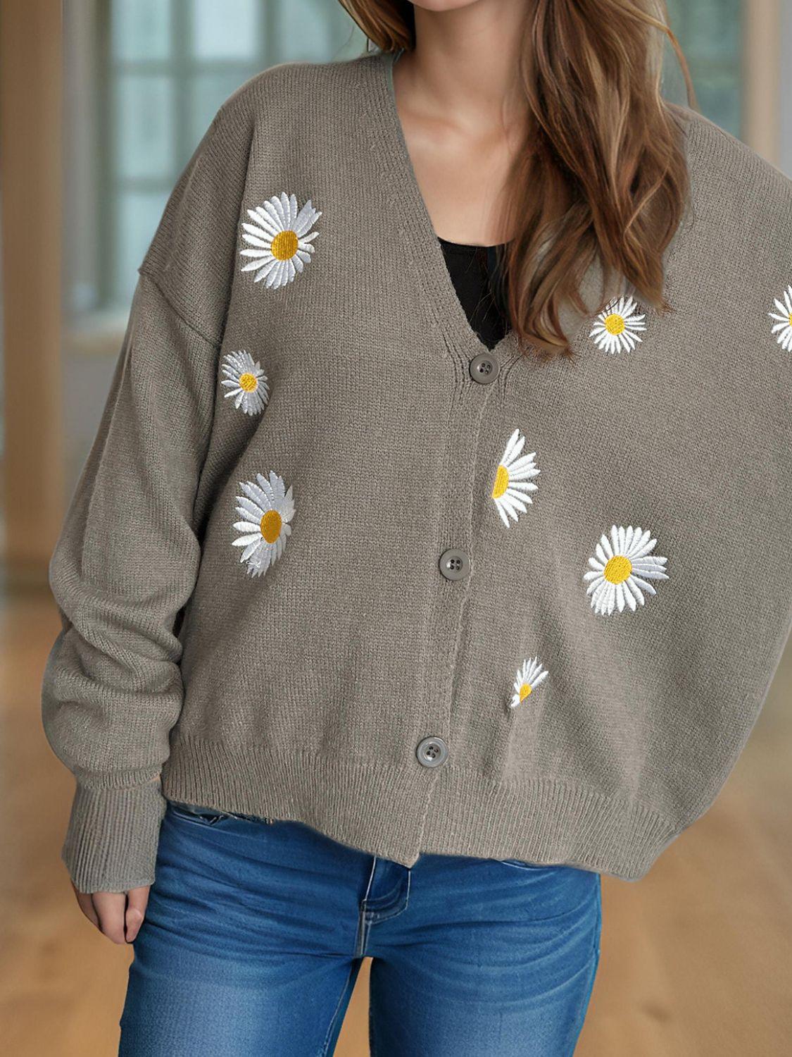 Cardigan boutonné à col en V avec motif marguerite