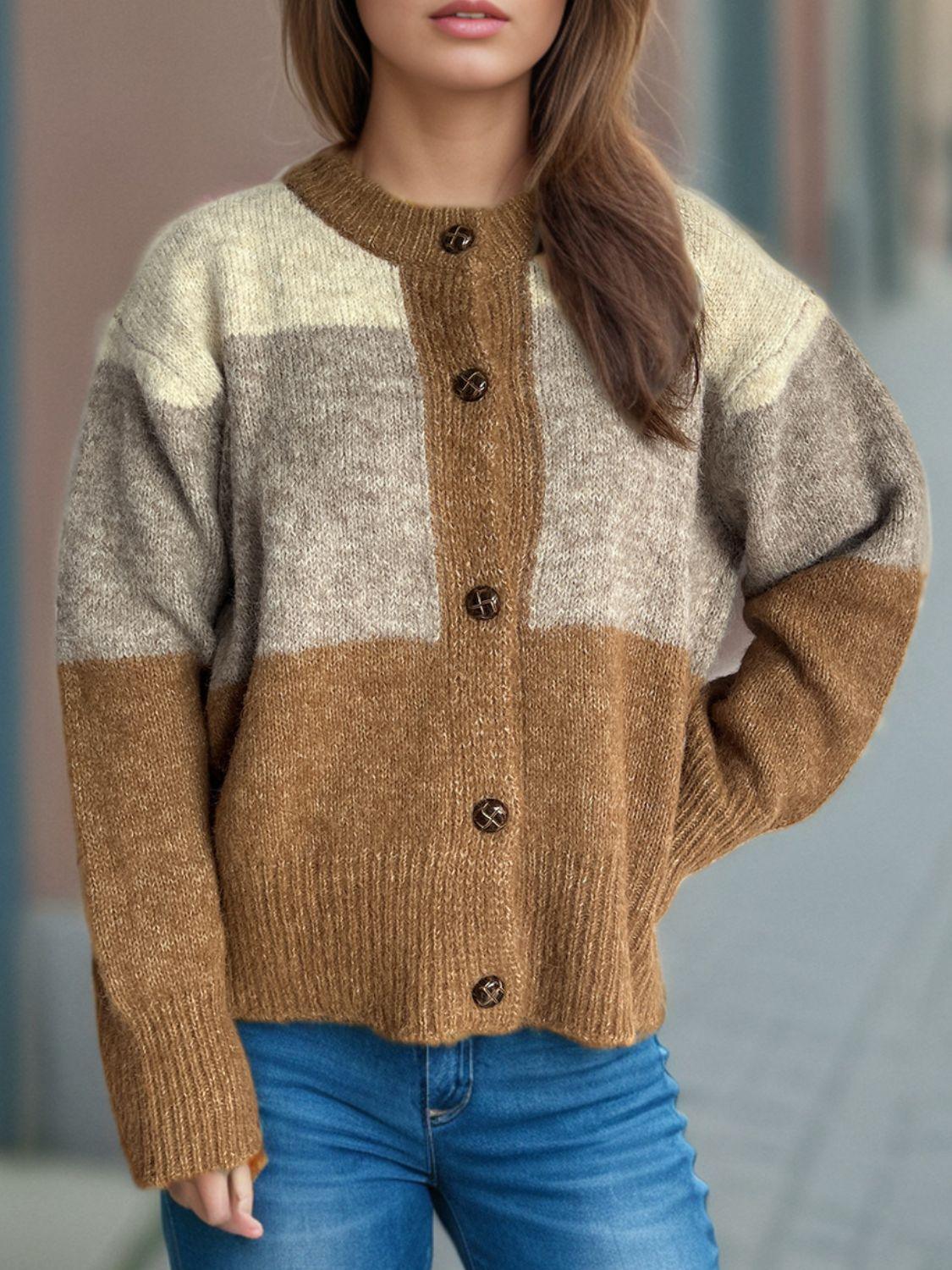 Cardigan boutonné à col rond et blocs de couleurs