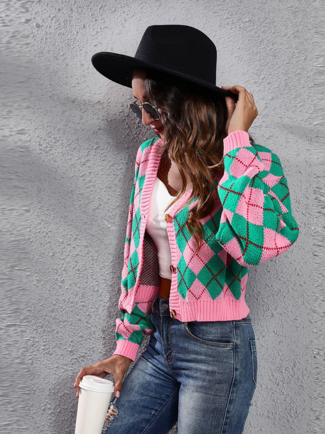 Cardigan boutonné à manches longues et motif géométrique