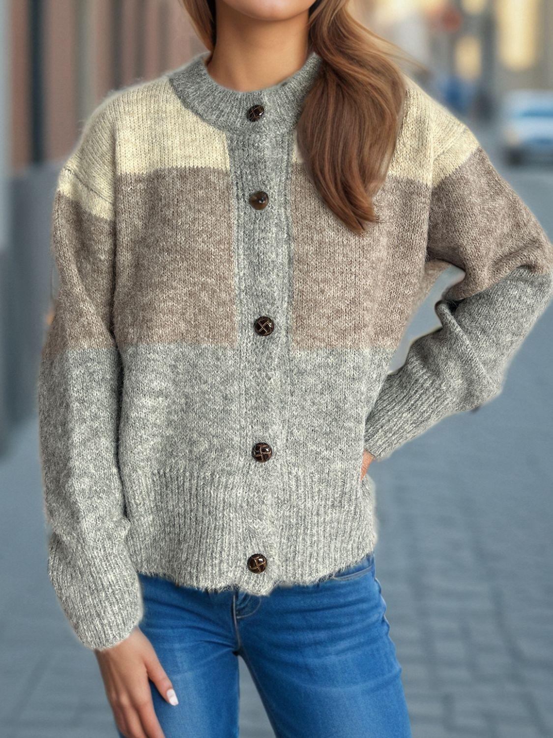 Cardigan boutonné à col rond et blocs de couleurs