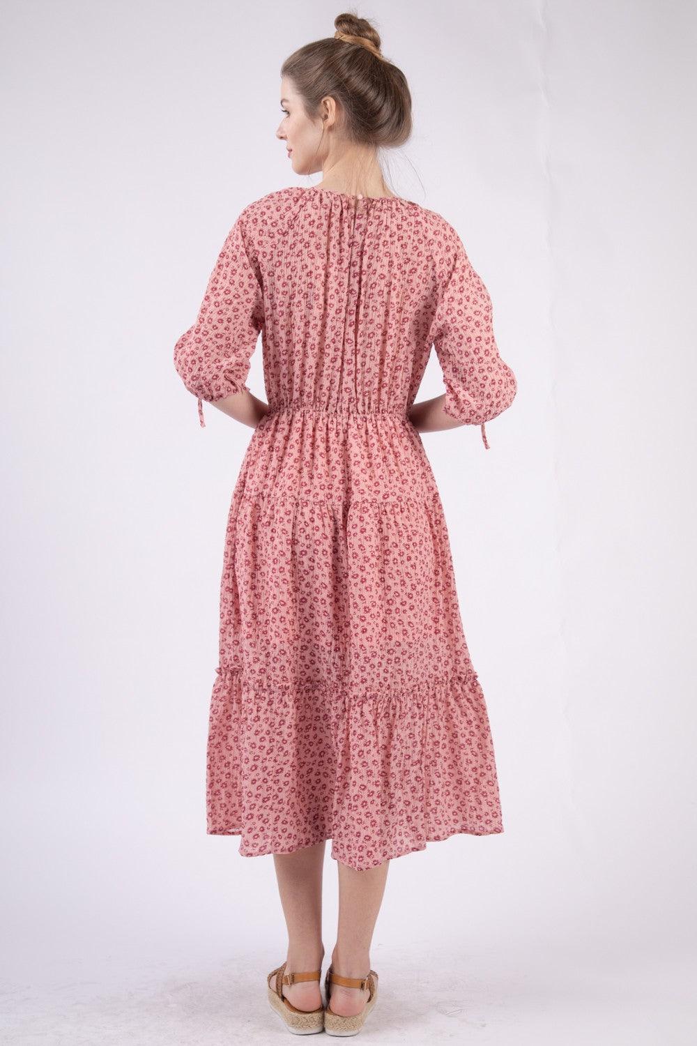 Robe mi-longue fleurie à col rond et volants VERY J
