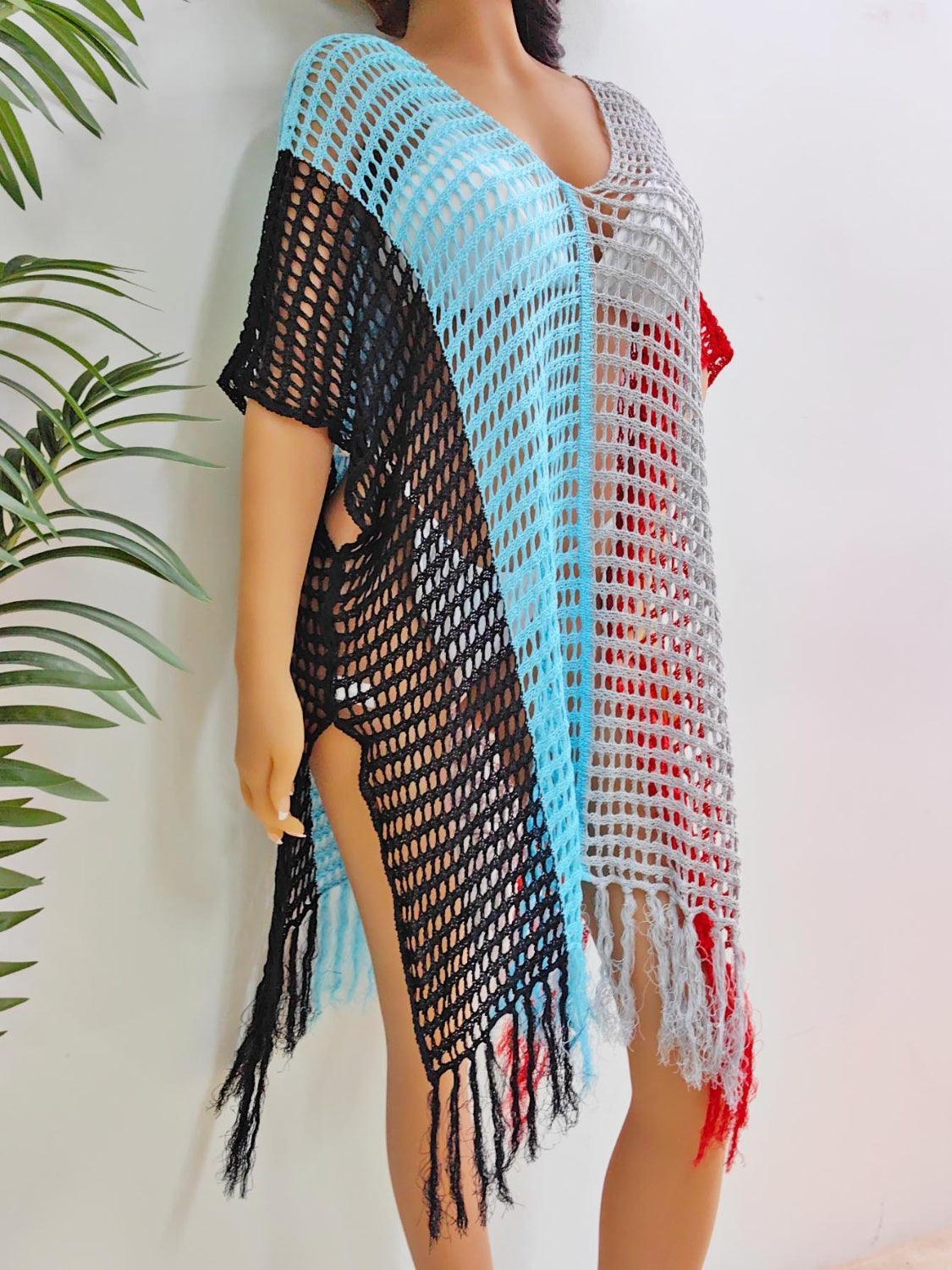 Cache-maillot à franges et blocs de couleurs à col rond