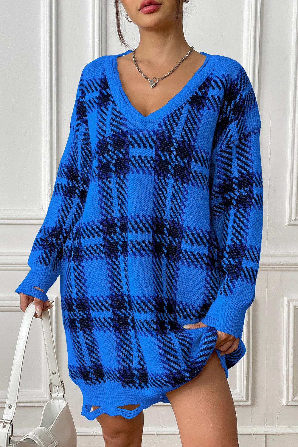 Robe pull à carreaux et col en V à manches longues