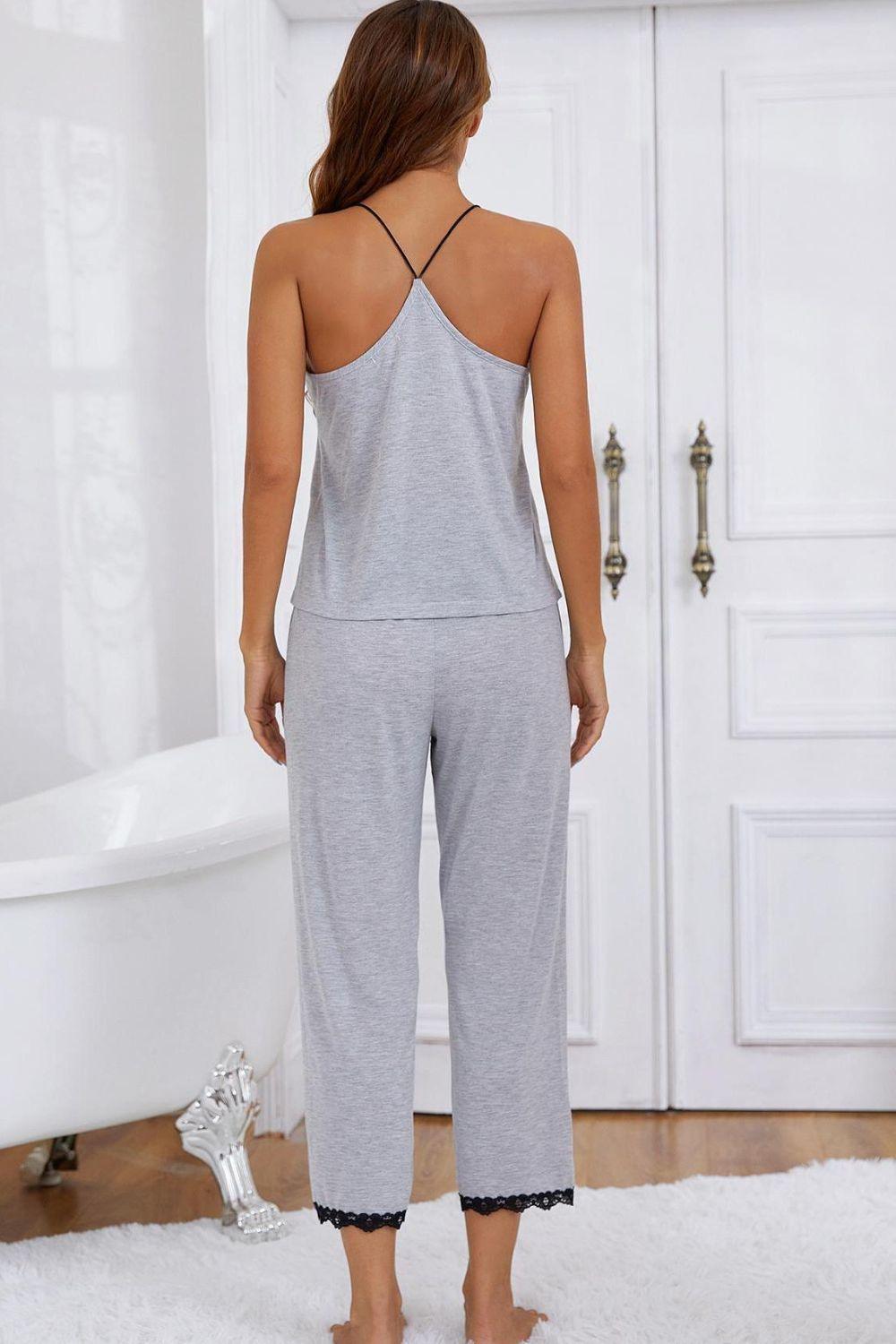 Ensemble pyjama à col licou et bordure en dentelle