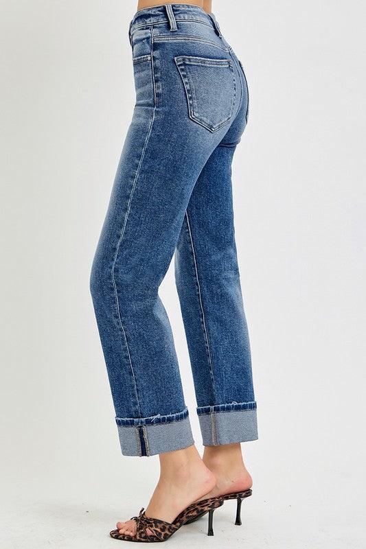 Jean droit court taille haute RISEN à revers