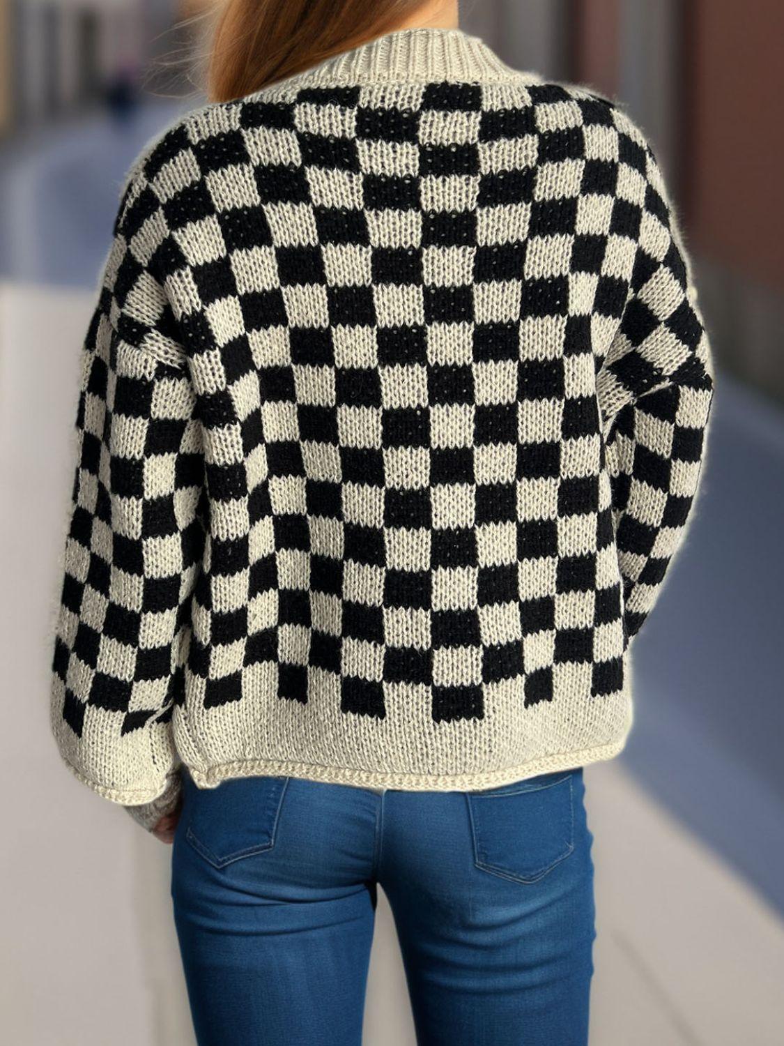Cardigan à carreaux et col rond boutonné