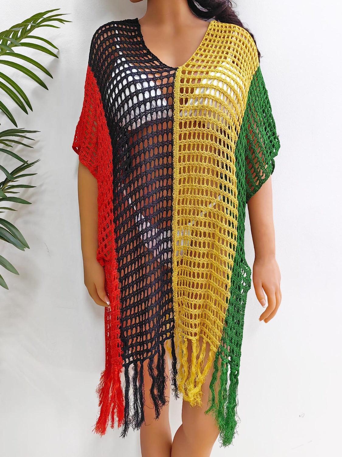 Cache-maillot à franges et blocs de couleurs à col rond