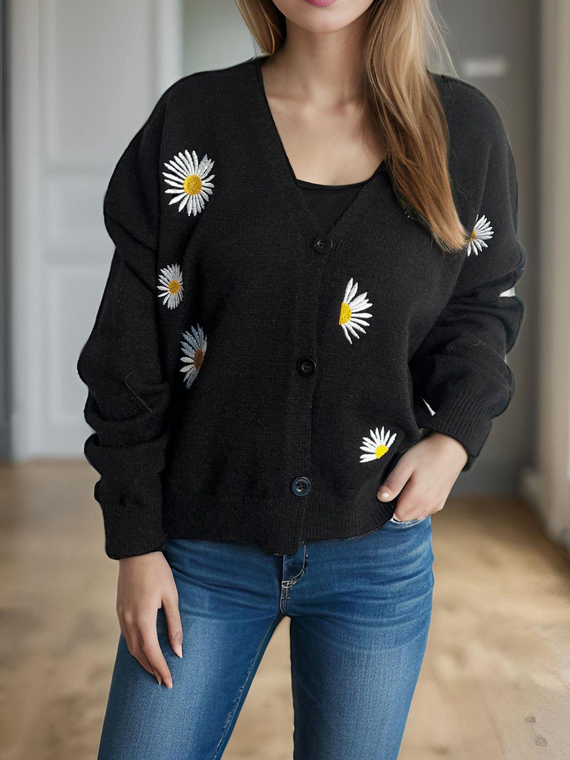 Cardigan boutonné à col en V avec motif marguerite