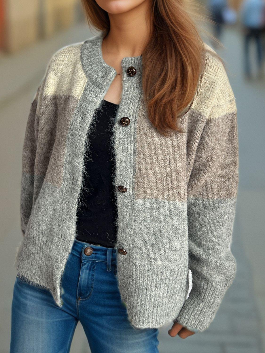 Cardigan boutonné à col rond et blocs de couleurs