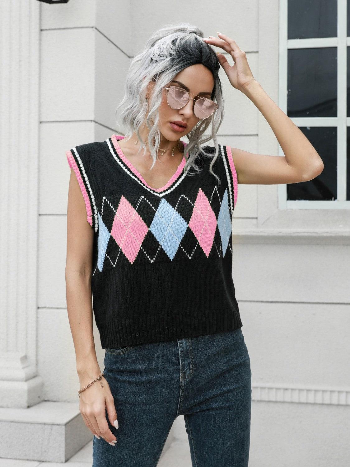 Gilet pull à col en V géométrique