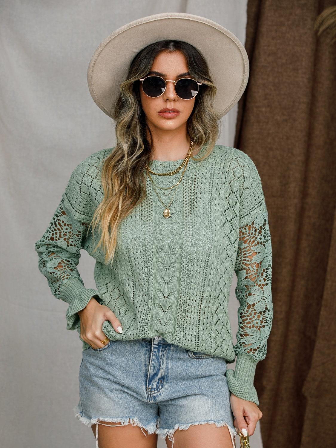 Pull à manches lanternes en crochet à œillets