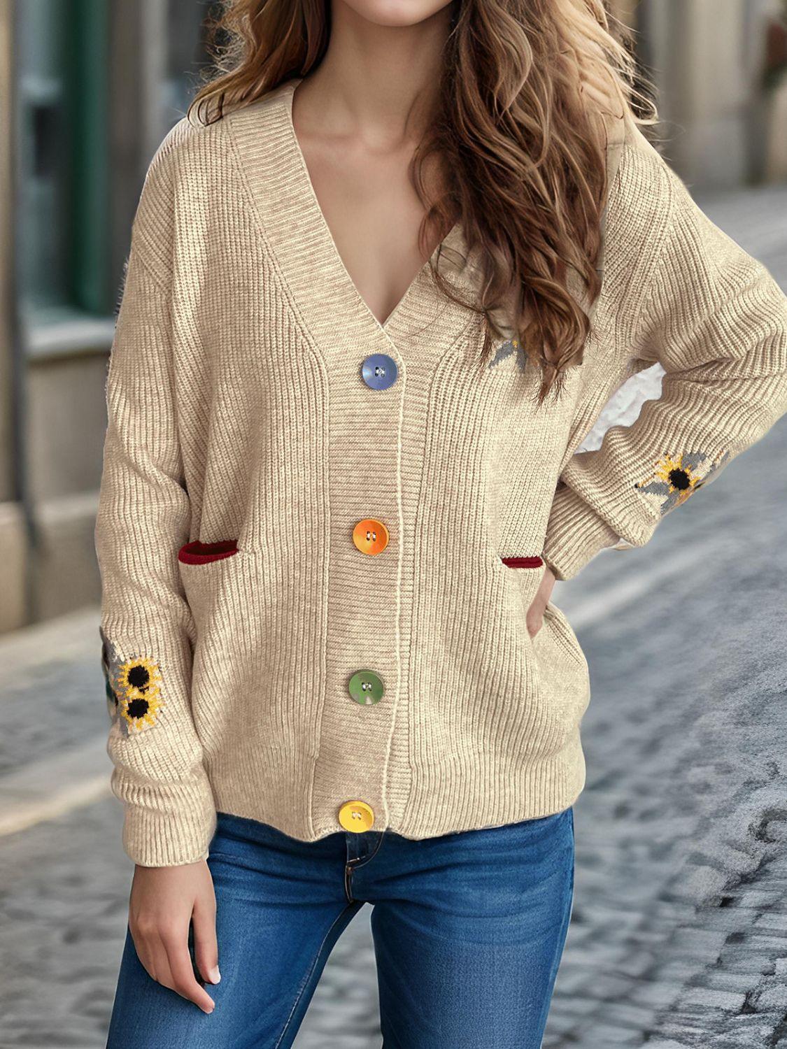 Cardigan à manches longues et col en V avec boutons contrastés