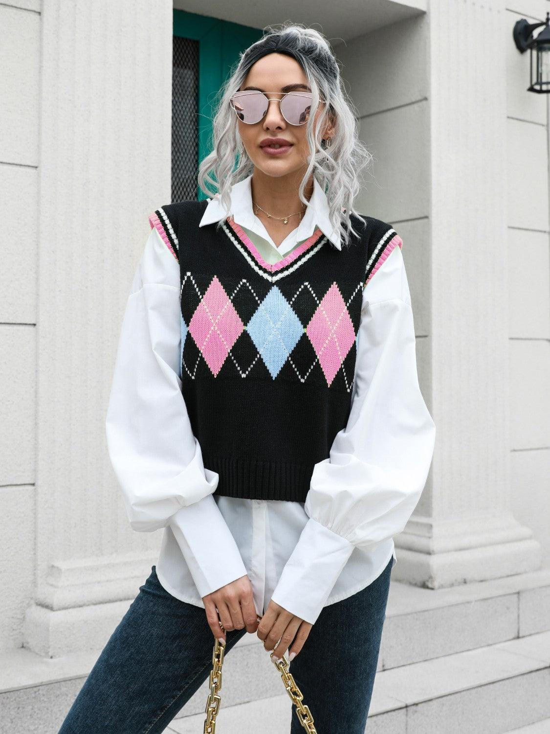 Gilet pull à col en V géométrique